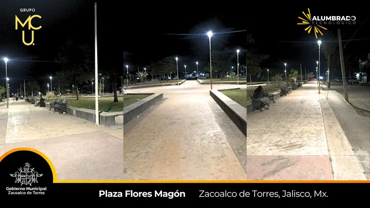 Plaza Flores Magón, Zacoalco de Torres, Jalisco, con alumbrado LED de Grupo MCU
